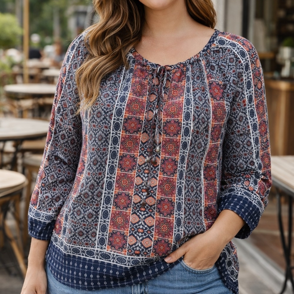 Db Established 1962 Elegant Women's Bohemian Blouse - Navy and Red